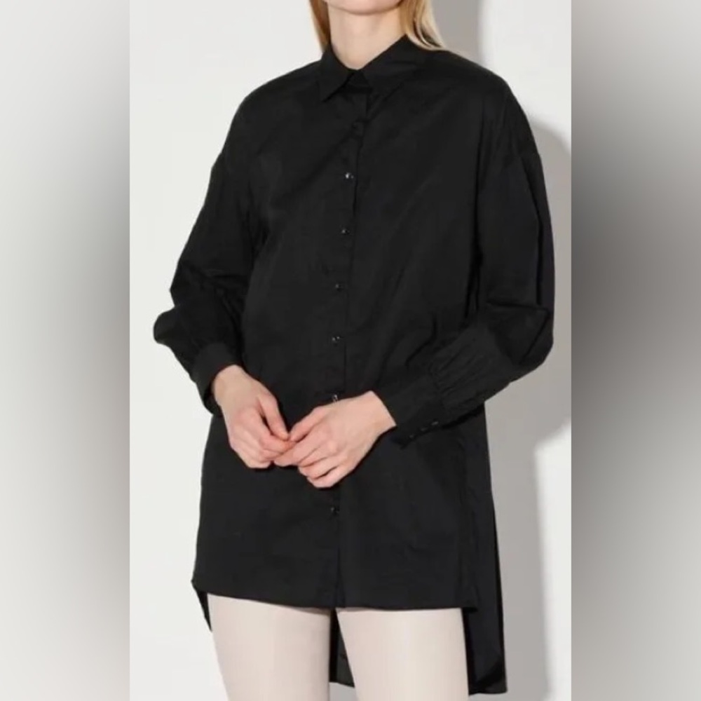 Walter Baker Blouse Black Vivian Oversized Hi Lo Button Up Tunic Top Cotton M - Picture 2 of 11
